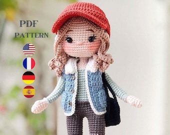 Crochet Doll Pattern, Lane doll, Amigurumi Doll Pattern, PDF in English, French, German, Spanish.