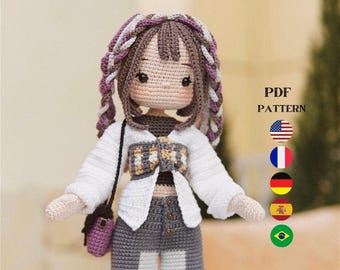 Crochet Doll Pattern, Jena doll, Amigurumi Doll Pattern, PDF in English, French, German, Spanish, Portuguese.