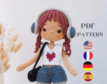 2 EN 1 - Patrón de muñeca de ganchillo, muñeca Caily, patrón de muñeca amigurumi, PDF en inglés, francés, alemán y español.