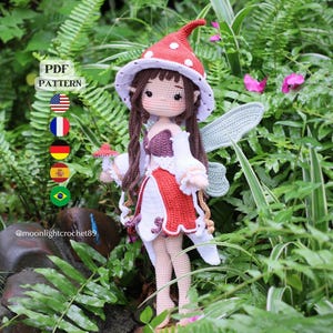Crochet Doll Pattern, Florie the Mushroom Fairy, Amigurumi Doll Pattern, PDF in English, French, German, Spanish, Portuguese.