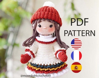 Modèle de poupée au crochet, poupée Ellie, modèle de poupée Amigurumi, PDF en anglais, français, espagnol.