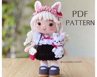 Patrón de muñeca de crochet, muñeca Mia, patrón de muñeca amigurumi, tutorial en PDF en inglés (patrón de gato incluido)