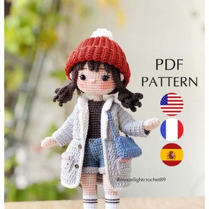 Crochet Doll Pattern, Linda doll, Amigurumi Doll Pattern, PDF in English, French, Spanish.