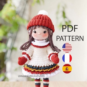 Crochet Doll Pattern, Ellie doll, Amigurumi Doll Pattern, PDF in English, French, Spanish.