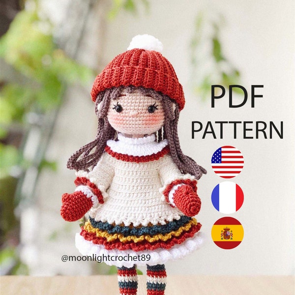 Crochet Doll Pattern, Ellie doll, Amigurumi Doll Pattern, PDF in English, French, Spanish.
