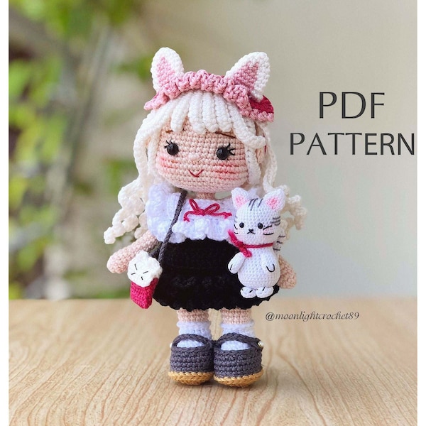 Crochet Doll Pattern, Mia Doll, Amigurumi Doll Pattern,  PDF English Tutorial (Cat Pattern Included)