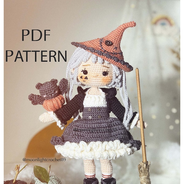 Modèle de poupée au crochet Kelsey, La petite sorcière, Modèle de poupée Amigurumi, Tutoriel en anglais PDF (Modèle de citrouille d'Halloween inclus)