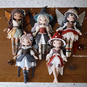 5 イン 1 妖精のかぎ針編み人形パターン バンドル、編みぐるみ人形 PDF、季節の妖精コレクション、英語の即時ダウンロード付き多言語。