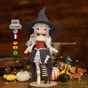 Halloween Witch Fairy Crochet Doll Pattern, Myrella Amigurumi Doll PDF, Crochet Pattern in English, French, German, Spanish, Portuguese.