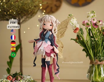 PDF-patroon bloemenfee gehaakte pop – Floria Amigurumi-pop, 5 talen (en, fr, de, es, pt)