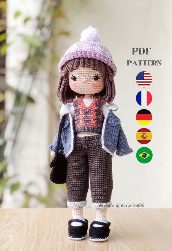 Crochet Doll Pattern, Alana doll, Amigurumi Doll Pattern, PDF in English, French, German, Spanish, Portuguese.