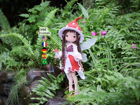 Crochet Doll Pattern, Florie the Mushroom Fairy, Amigurumi Doll Pattern, PDF in English, French, German, Spanish, Portuguese.