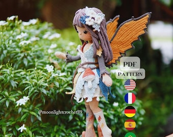 Crochet Doll Pattern, Eryne the Leaf Fairy, Fall Amigurumi Doll Pattern, PDF in English, French, German, Spanish, Portuguese.