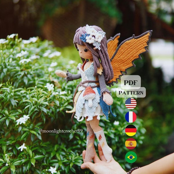 Crochet Doll Pattern, Eryne the Leaf Fairy, Fall Amigurumi Doll Pattern, PDF in English, French, German, Spanish, Portuguese.