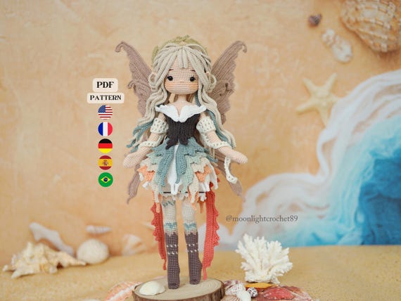 Ocean Fairy Crochet Doll PDF Pattern – Aureline Amigurumi Doll, 5 Languages (en, fr, de, es, pt).