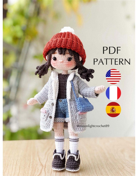 Crochet Doll Pattern, Linda Doll, Amigurumi Doll Pattern, PDF in English,  French, Spanish. 