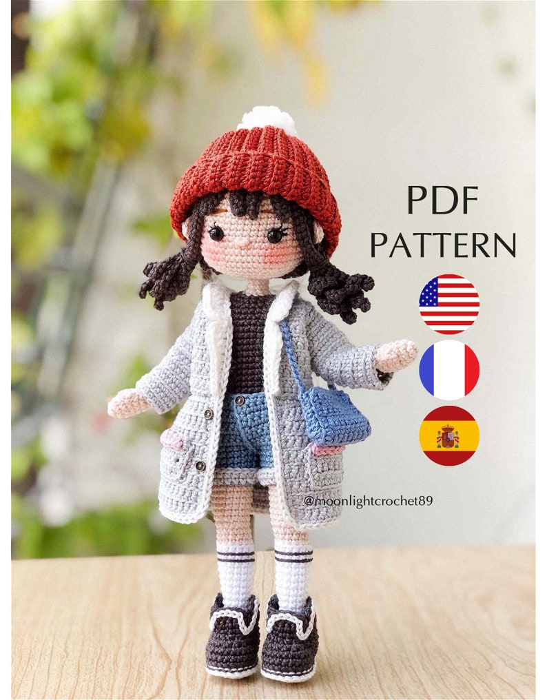 Modèle de poupée au crochet, poupée Linda, modèle de poupée Amigurumi, PDF en anglais, français, espagnol. image 1