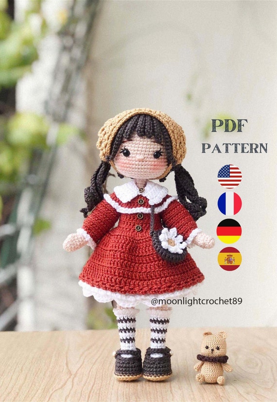 Crochet Doll Pattern, Jolie doll, Amigurumi Doll Pattern, PDF in English, French, German, Spanish.