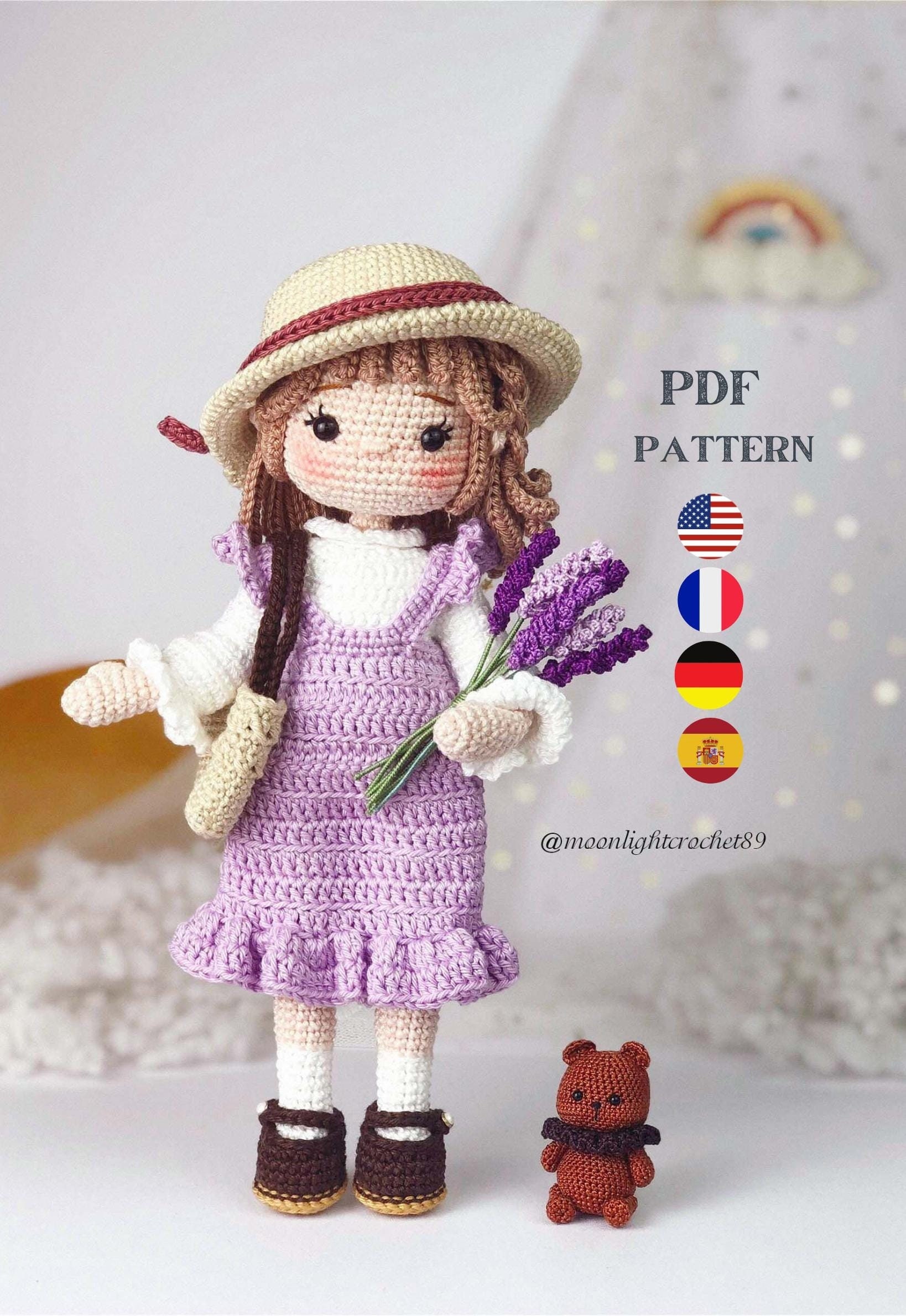 Crochet Doll Pattern, Doris & Little Bear, Amigurumi Doll Pattern, PDF in English, French, German, Spanish.