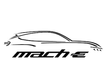 May include: A black and white line drawing of a car with the text "mach-e" below it.
