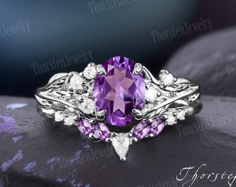 Natural Oval Amethyst Engagement Ring Sets 14k White Gold Anniversary Gifts Unique Promise Ring Bridal Sets Nature Inspired Leaf Ring