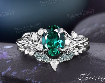 Unique Oval Emerald Engagement Ring Sets 14k White Gold Promise Ring Bridal Sets Nature Inspired Leaf Moss Agate Ring Anniversary Gifts