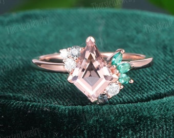 Unique Kite cut Morganite Engagement Ring Rose gold Vintage cluster Art Deco Ring Gem Promise Ring wedding bridal women Anniversary Gift