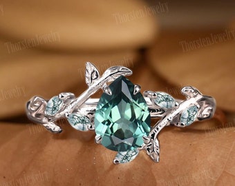 Pear Green Sapphire Engagement Ring White Gold Bridal Ring Vintage Leaf Promise Ring Nature Inspired Green Gemstone Handmade Jewelry Gifts