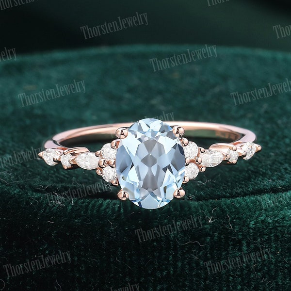 Vintage Natural Aquamarine Engagement Ring | Unique Rose Gold Wedding Ring | Oval Cut Cluster Ring | Diamond Promise Ring | Anniversary gift
