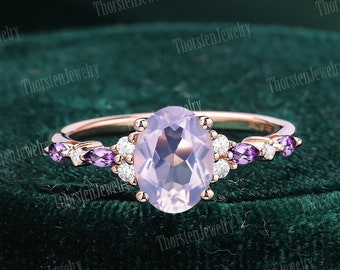 Oval Lavender Amethyst Engagement Ring 14K 18KRose Gold Promise Ring Vintage Art Deco Ring Amethyst Cluster Ring Anniversary Gifts For Women