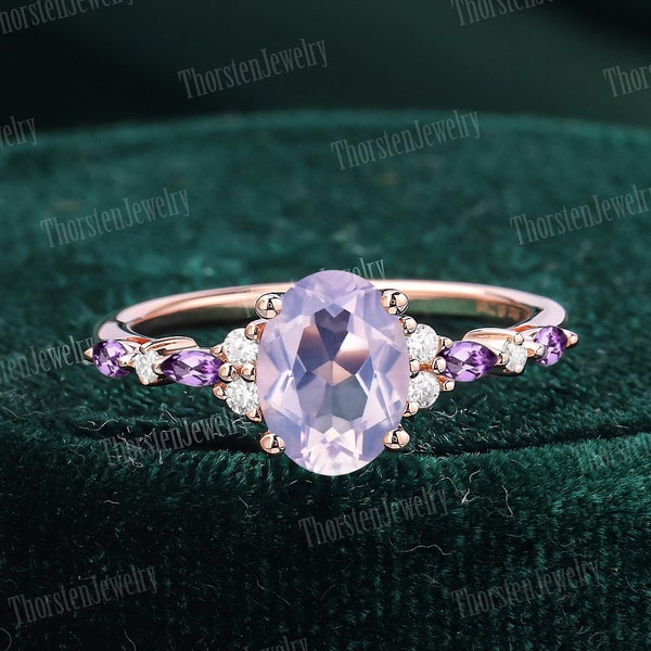 Oval Lavender Amethyst Engagement Ring 14K 18KRose Gold Promise Ring Vintage Art Deco Ring Amethyst Cluster Ring Anniversary Gifts For Women