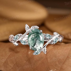 Natural Oval Moss Agate Engagement Ring 14k White Gold Unique Promise Ring Bridal Ring Nature Inspired Leaf Ring Anniversary Gifts For Women