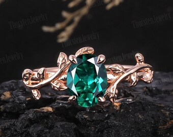 Oval Cut Emerald Engagement Ring Art Deco Ring 14k 18k Rose Gold Nature Inspired For Women Leaf Ring Wedding Bridal Unique Anniversary Gifts