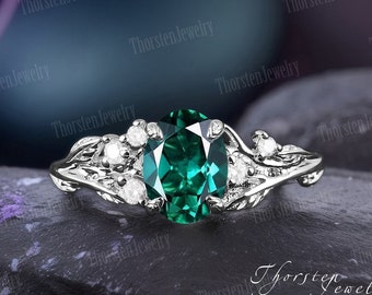 Unique Oval Emerald Engagement Ring 14k White Gold Promise Ring Bridal Ring Nature Inspired Leaf Ring Moss Agate Ring Anniversary Gifts