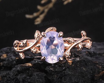 Oval Cut Lavender Amethyst Engagement Ring Art Deco Ring Rose Gold Nature Inpired For Women Leaf Ring Wedding Bridal Unique Anniversary Ring
