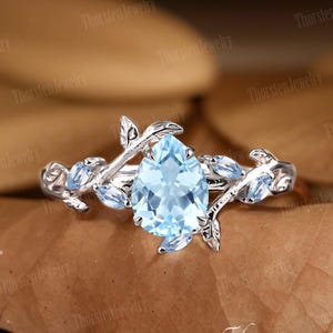 Pear Natural Aquamarine Engagement Ring White Gold Promise Ring Platinum Nature Inspired Leaf Ring Art Deco Ring Handmade Jewelry Gifts