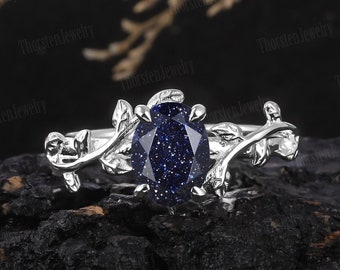 Unique Oval Blue Sandstone Engagement Ring Leaf Nature Inspired Ring White Gold Galaxy Starry Sky Art Deco Ring Women Handmade Jewelry Gifts