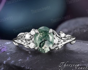 Natural Oval Moss Agate Engagement Ring 14k White Gold Unique Promise Ring Bridal Ring Nature Inspired Leaf Ring Anniversary Gifts For Women