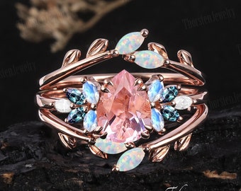 Pink sapphire Engagement Ring Sets14k Rose gold Pear Bridal Wedding Sets Ring Vintage Promise Ring Cluster Ring Anniversary Gifts ForWomen