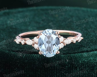 Vintage Aquamarine Engagement Ring | Unique Rose Gold Wedding Ring | Oval Cut Cluster Ring | Diamond Promise Ring | Anniversary gift