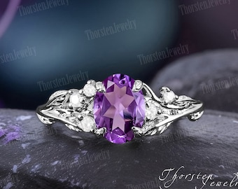 Natural Oval Amethyst Engagement Ring 14k White Gold Anniversary Gifts Unique Promise Ring Bridal Ring Nature Inspired Leaf Ring For Women