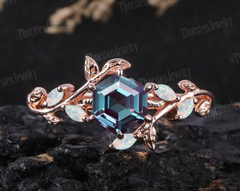 Art Deco Ring Hexagon Cut Alexandrite Engagement Ring Rose gold Bridal Ring Leaf Promise Ring Nature Inspired Cluster Ring Women Jewelry