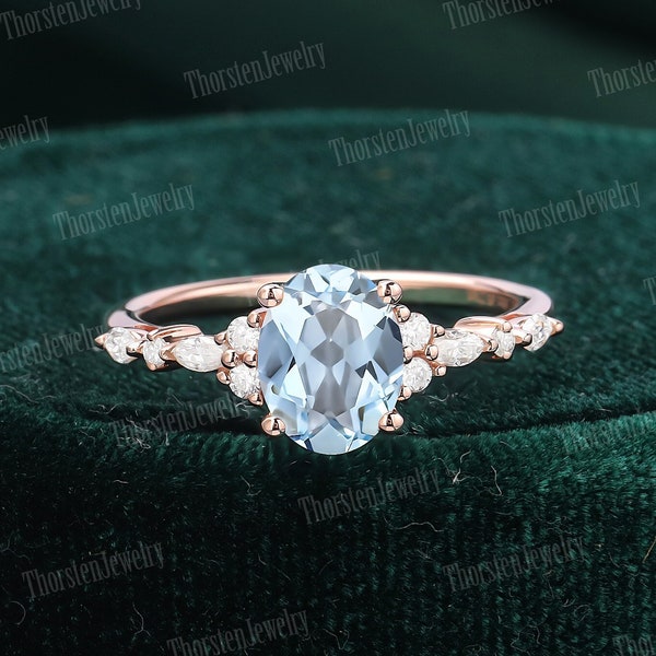 Vintage Aquamarine Engagement Ring | Unique Rose Gold Wedding Ring | Oval Cut Cluster Ring | Diamond Promise Ring | Anniversary gift