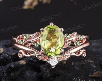 Vintage Oval Peridot Engagement Ring Sets Rose Gold Bridal Sets Leaf Branch Ring Wedding Promise Ring Cluster Ring Handmade Jewelry Gifts