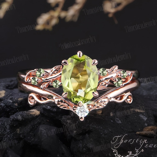 Vintage Oval Peridot Engagement Ring Sets Rose Gold Bridal Sets Leaf Branch Ring Wedding Promise Ring Cluster Ring Handmade Jewelry Gifts