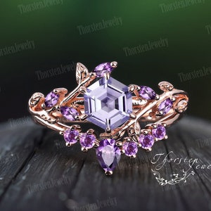 Art Deco Ring Hexagon Cut Lavender Amethyst Engagement Ring Sets Rose gold Bridal Sets Vintage Leaf Promise Cluster Ring Women Jewelry Gifts