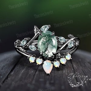 Gothic Black Gold Art Deco Ring Oval Moss Agate Engagement Ring Sets Bridal Sets Vintage Leaf Ring Promise Ring Nature Inspired Cluster Ring