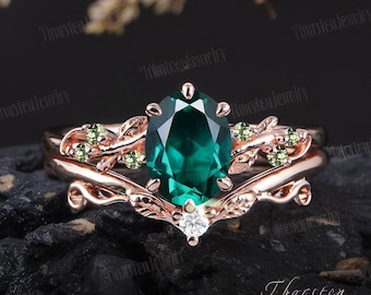 Oval Emerald Engagement Ring Sets Rose Gold Bridal Sets Vintage Leaf Branch Ring Green Gemstone Promise Cluster Ring Handmade Jewelry Gifts