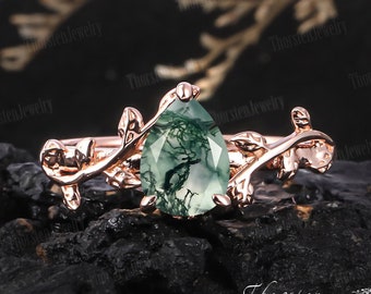 Pear Shaped Moss Agate Engagement Ring Art Deco Ring Rose Gold Nature Inspired Ring For Women Leaf Wedding Bridal Unique Anniversary Ring