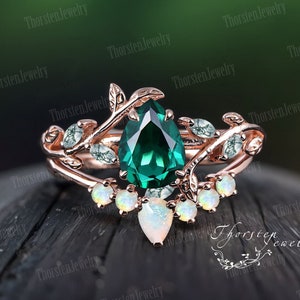 Bague Art déco en forme de poire, bague de fiançailles en émeraude, parures de mariée en or rose, bague de promesse vintage en forme de feuille, bague en grappe inspirée de la nature, bijoux pour femmes